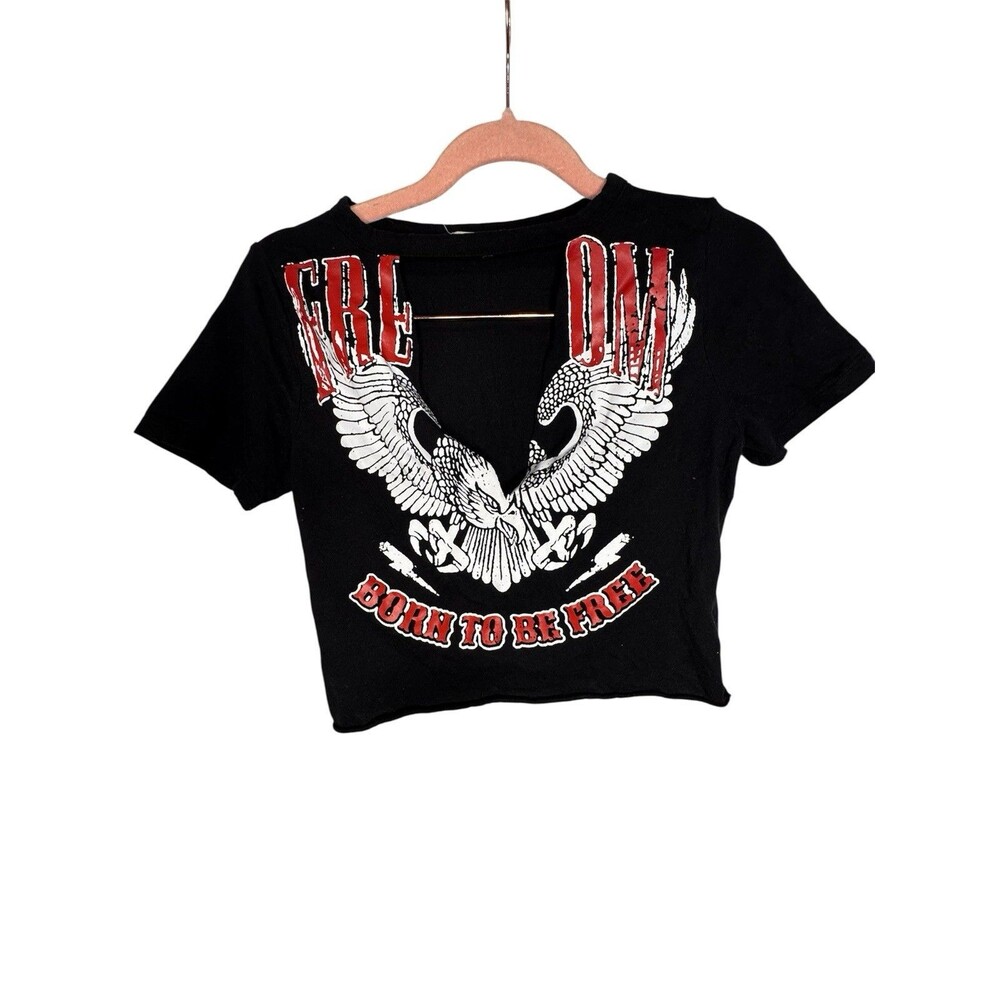 Occasion Black Cropped Graphic Cut-Out Short Sleeve T-Shirt Women’s L